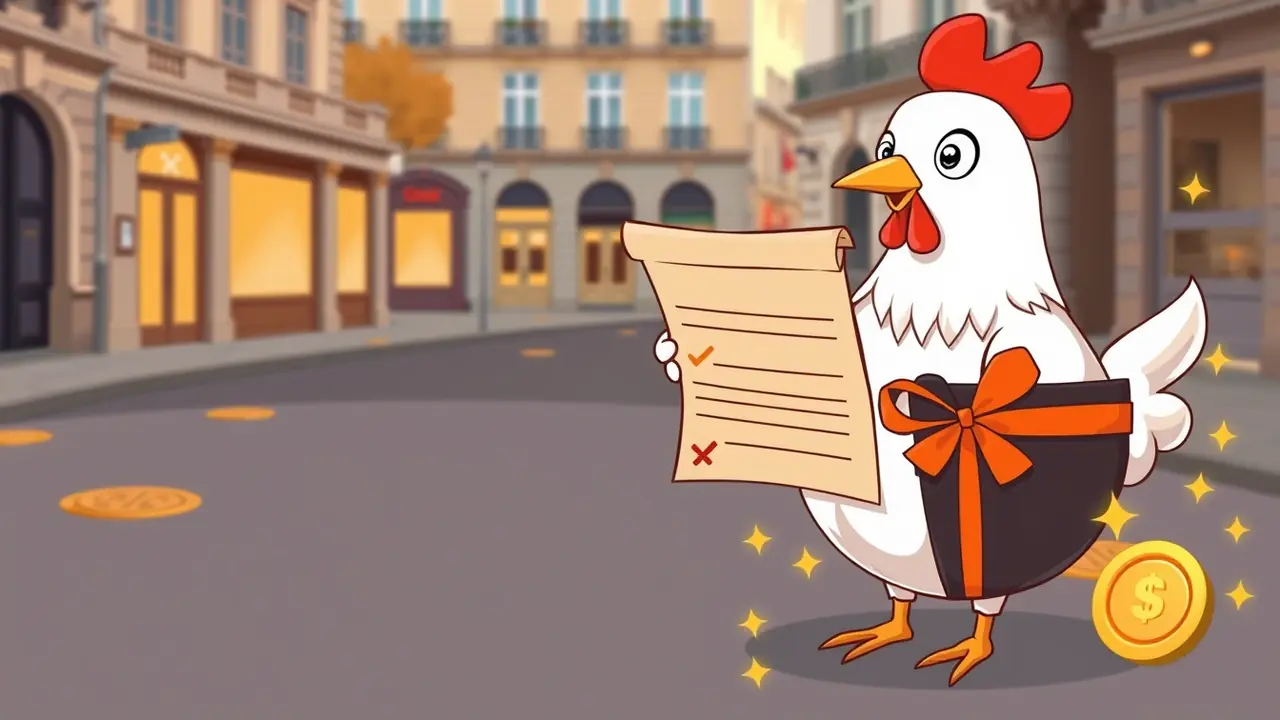 Chicken Road 2 bonus — la poule tient un contrat déroulé devant un coffret cadeau, sur fond de route à voies