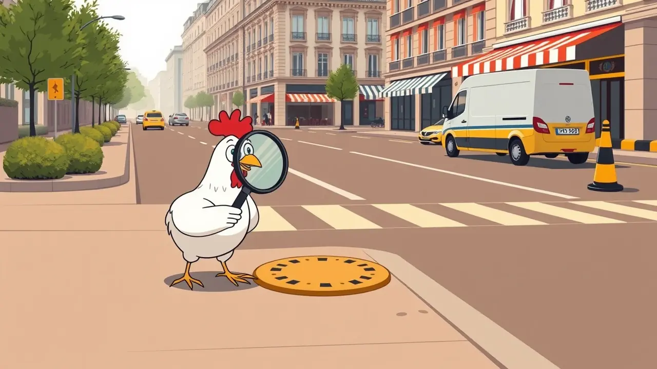 Chicken Road 2 en France — la poule blanche devant une route à voies bordée d'immeubles haussmanniens, plaques d'égout aux multiplicateurs et taxis