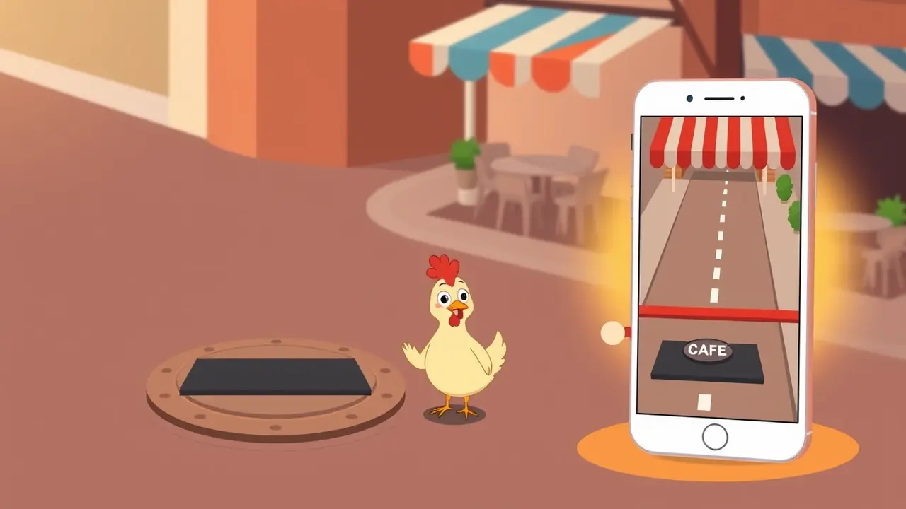 Chicken Road 2 sur mobile — deux smartphones, l'un en portrait, l'autre en paysage, avec la poule sur la route